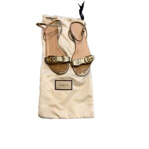 Gucci Marmont Double G Gold Metallic Leather Ankle Strap Sandals Women Size 7.5